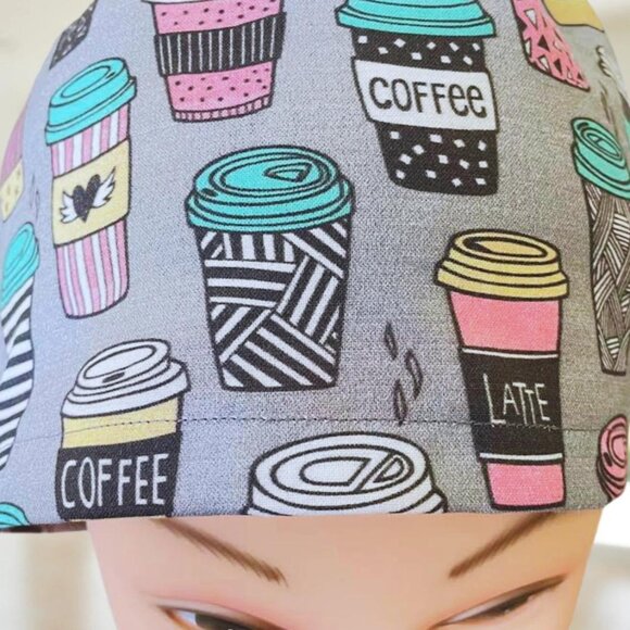 PREMIUM Coffee Print~ Euro Style Scrub Cap, Unisex Nurse Cap, Scrub Hat - Picture 2 of 4
